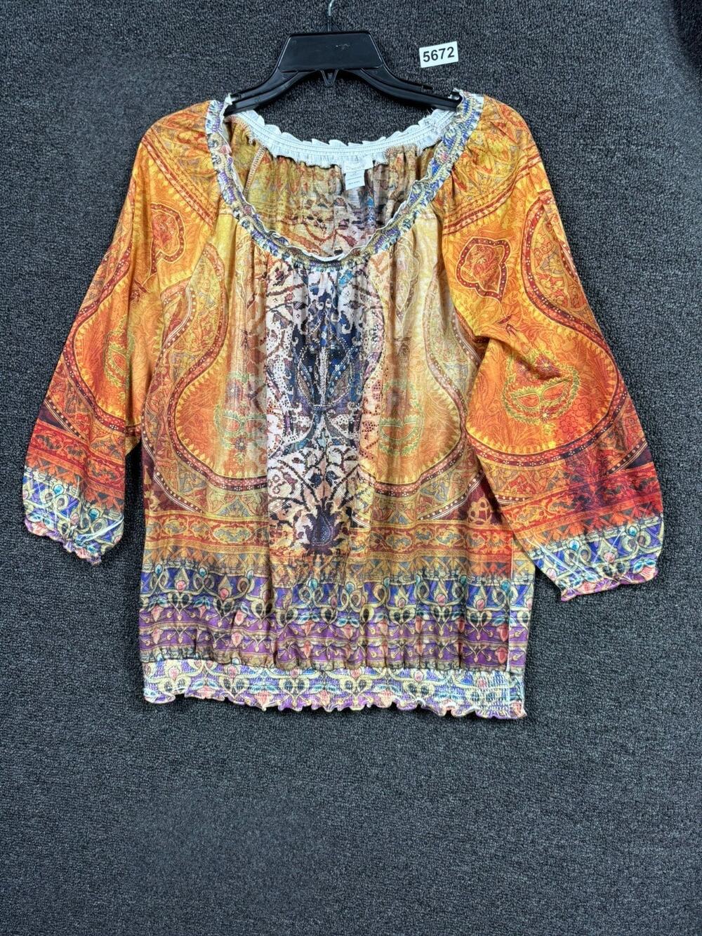 Chico’s Moroccan Peasant Top Womens Size 2 US L Multicolor 3/4 Sleeves